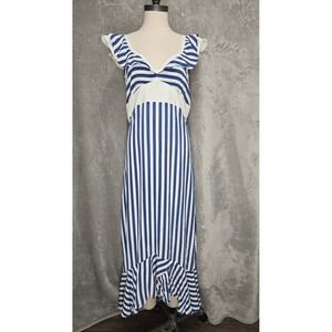 Larke Blue White Striped Maxi‎ Dress Ruffle V Neck Spaghetti Strap 10P Nautical